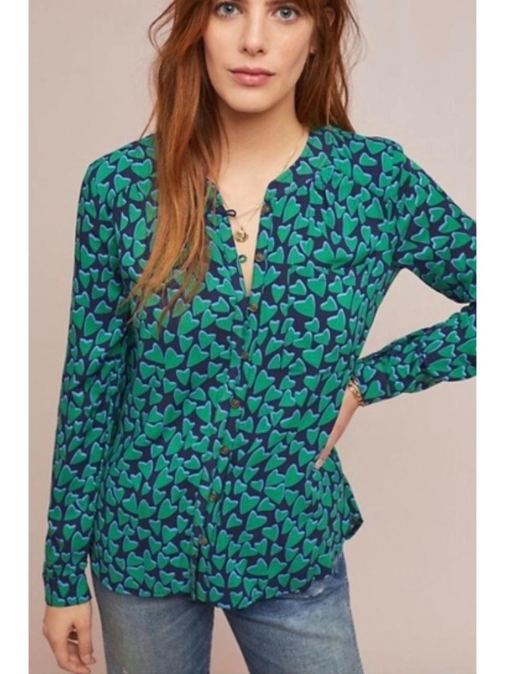 Anthropologie Navy Blouse with Green Heart Print